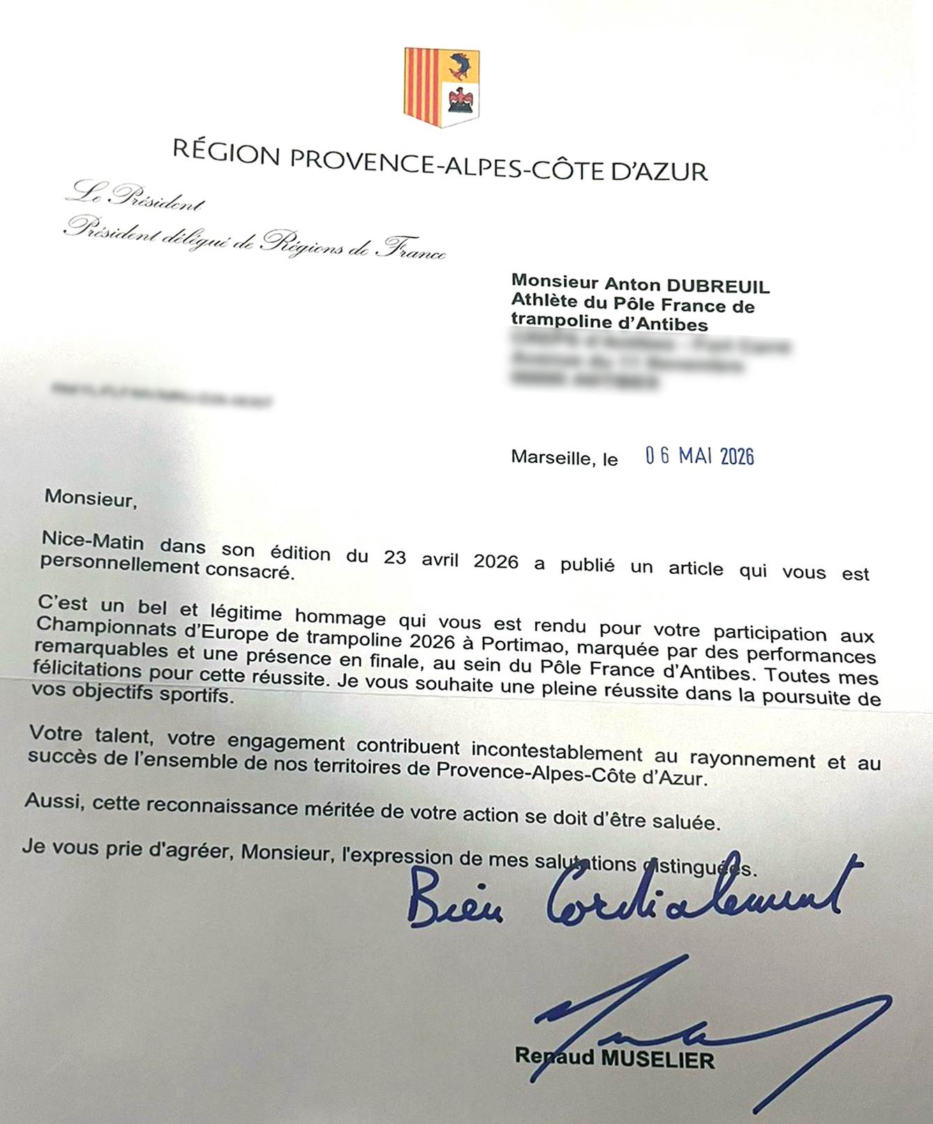 Courrier du Président de région PACA